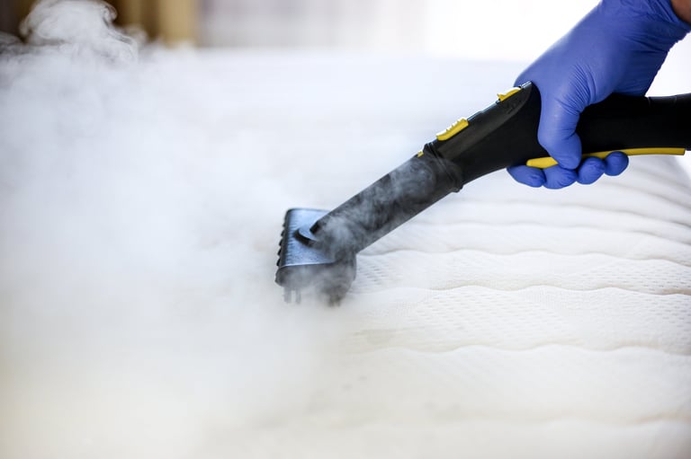 Cleaning and disinfection of the mattress in the bedroom with hot steam, professional cleaning process