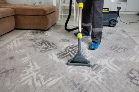 A diligent cleaning worker in overalls expertly vacuuming and servicing a carpet in a bright living room