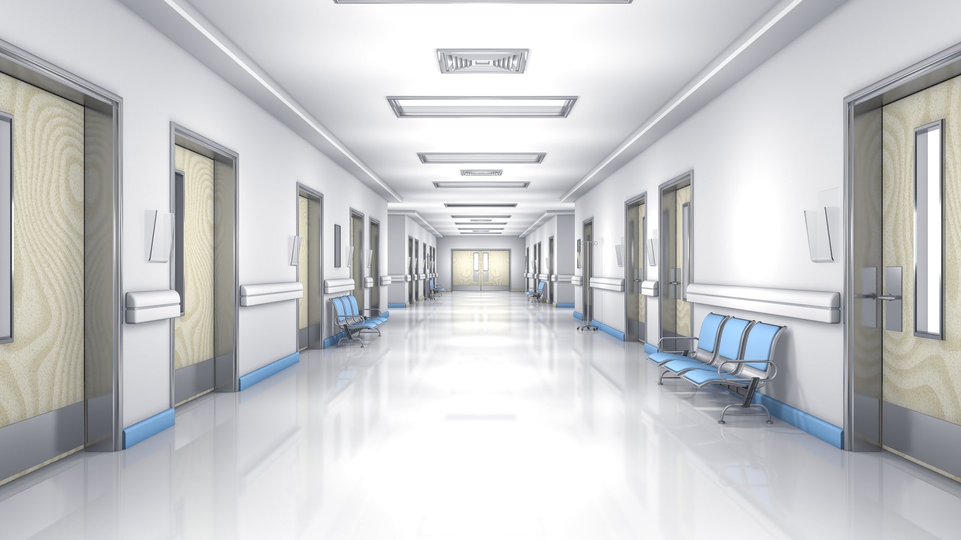 Clean, bright hospital corridor with no people