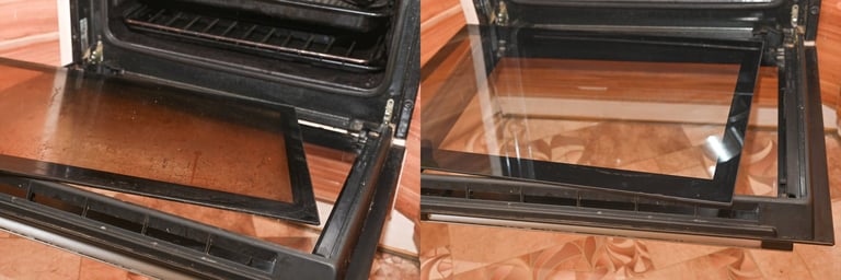 Before and after comparison of oven door glass cleaning — sparkling clean result