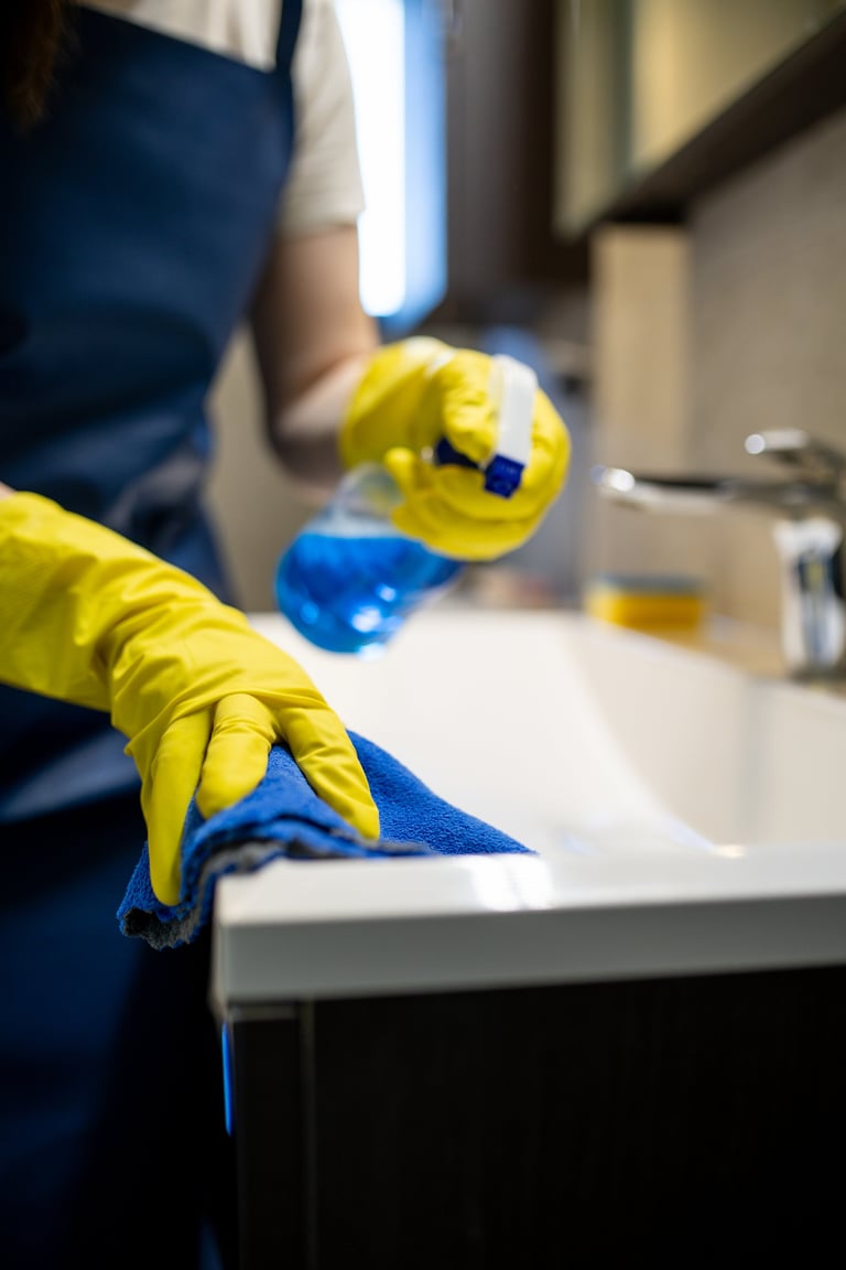 Person wearing yellow gloves cleans bathroom surfaces using a blue cleaning spray and a towel