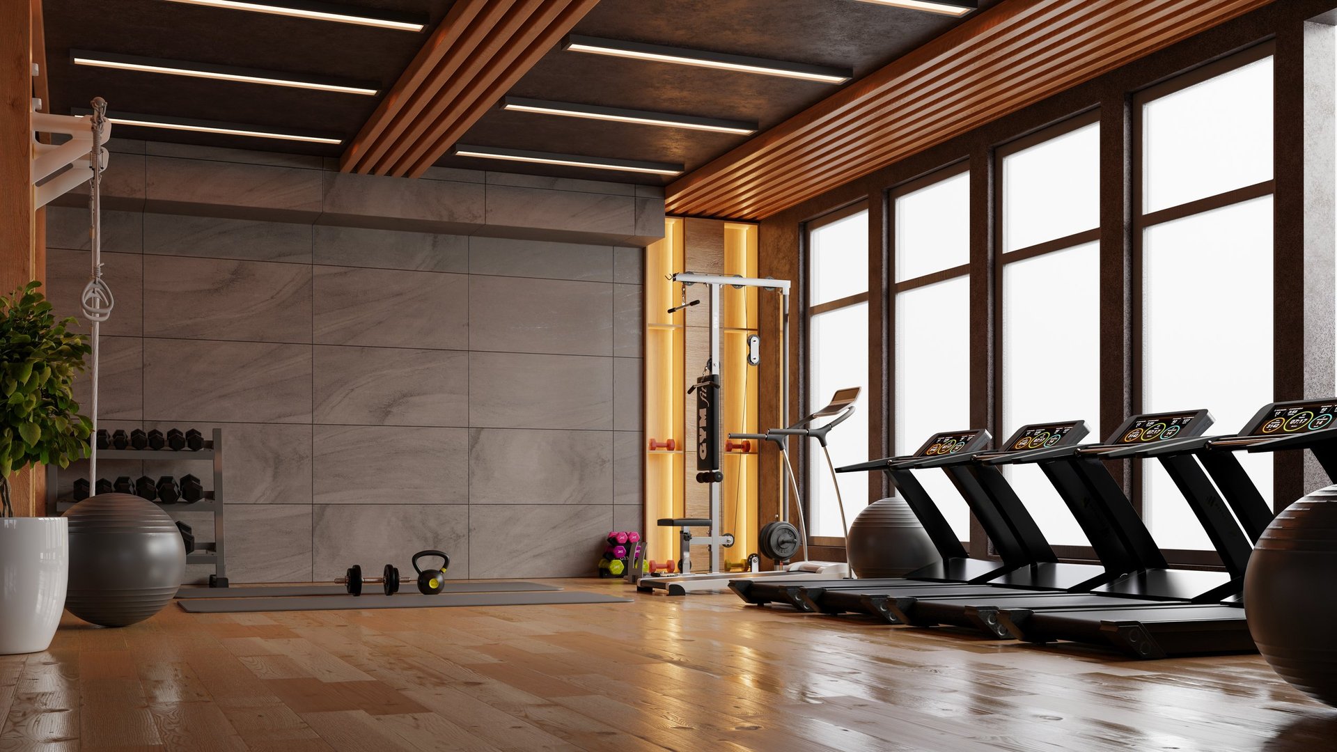 Modern clean gym interior with wooden floors and high ceiling