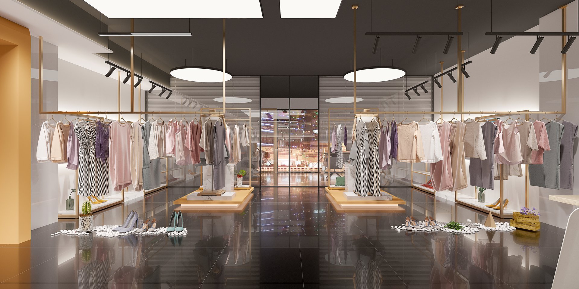 Luxury retail boutique interior with premium glass display cases and ambient lighting