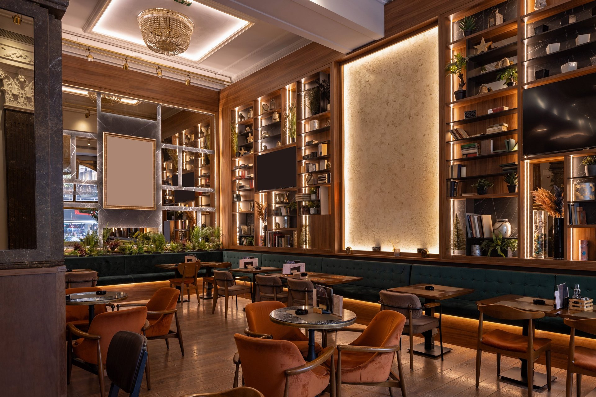 Stylish restaurant interior with wooden decor and ambient lighting