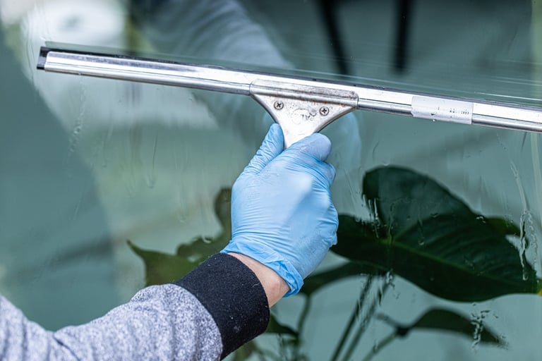 Professional window cleaner using squeegee to clean glass