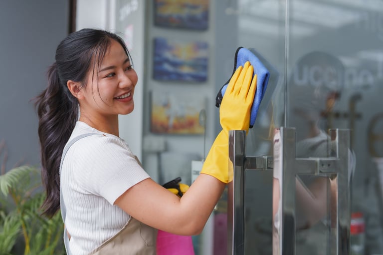 Professional cleaner in yellow gloves and apron disinfecting glass door entrance of commercial store