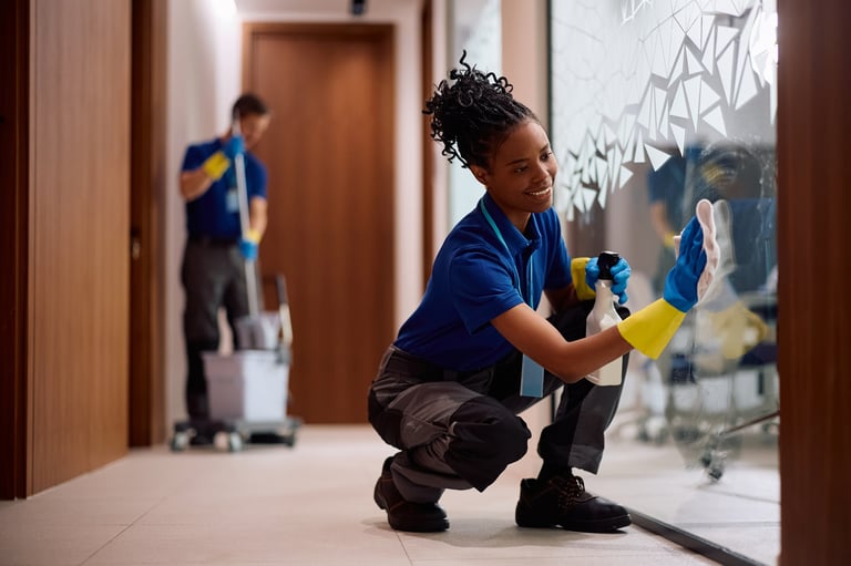 Happy African American cleaner cleaning glass wall in office hallway