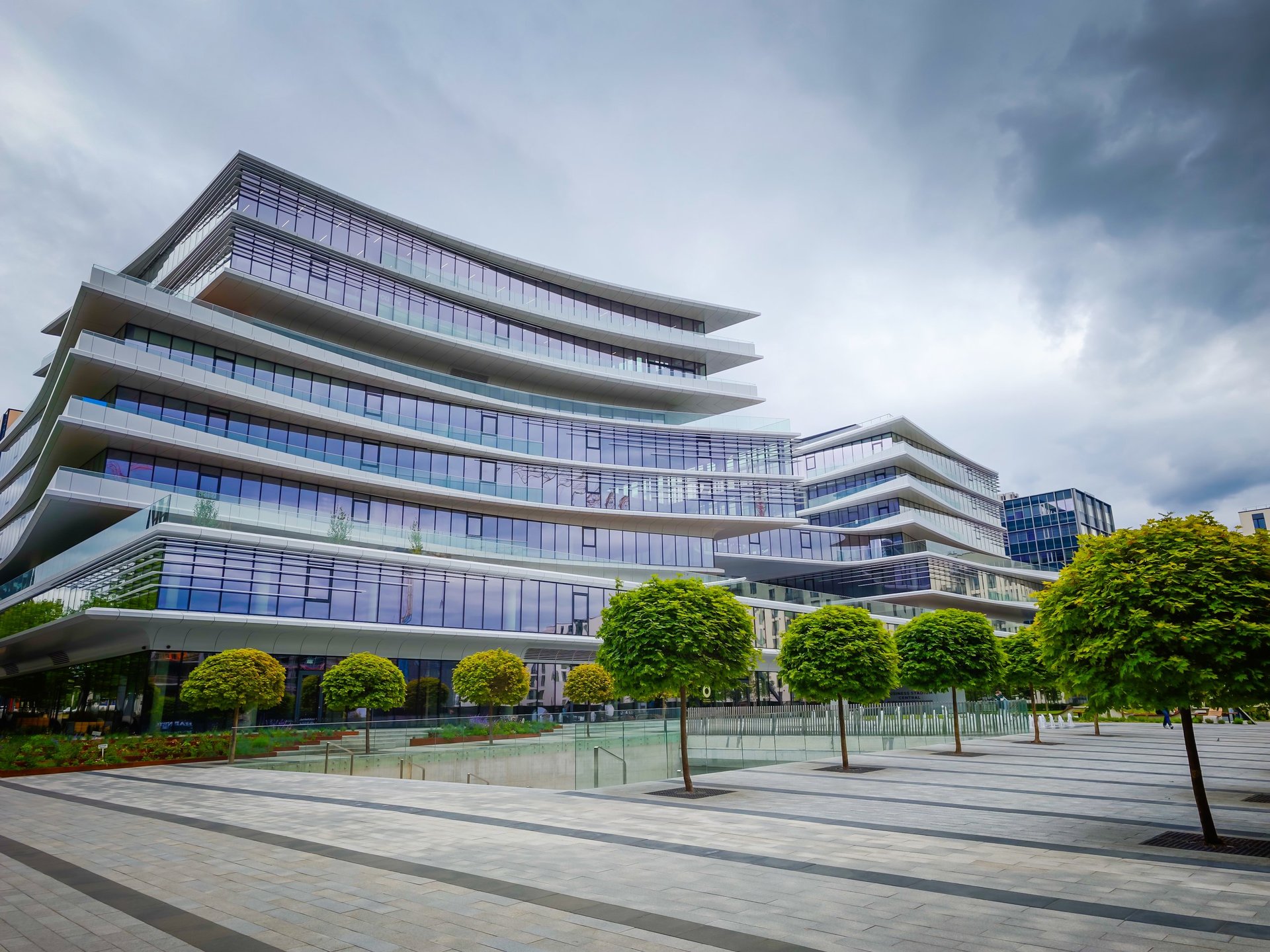 London Docklands modern office architecture with waterside business district