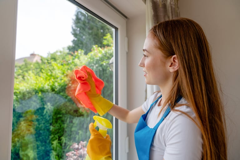 Professional cleaner in gloves wiping window with red cloth, sunlight streaming through green plants outside