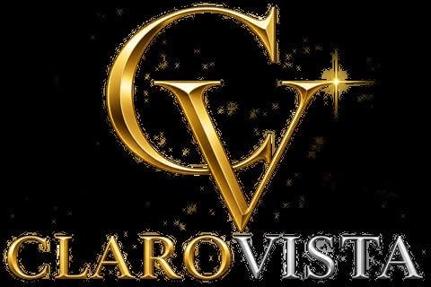 Clarovista logo featuring a golden stylized CV monogram with sparkles on black background