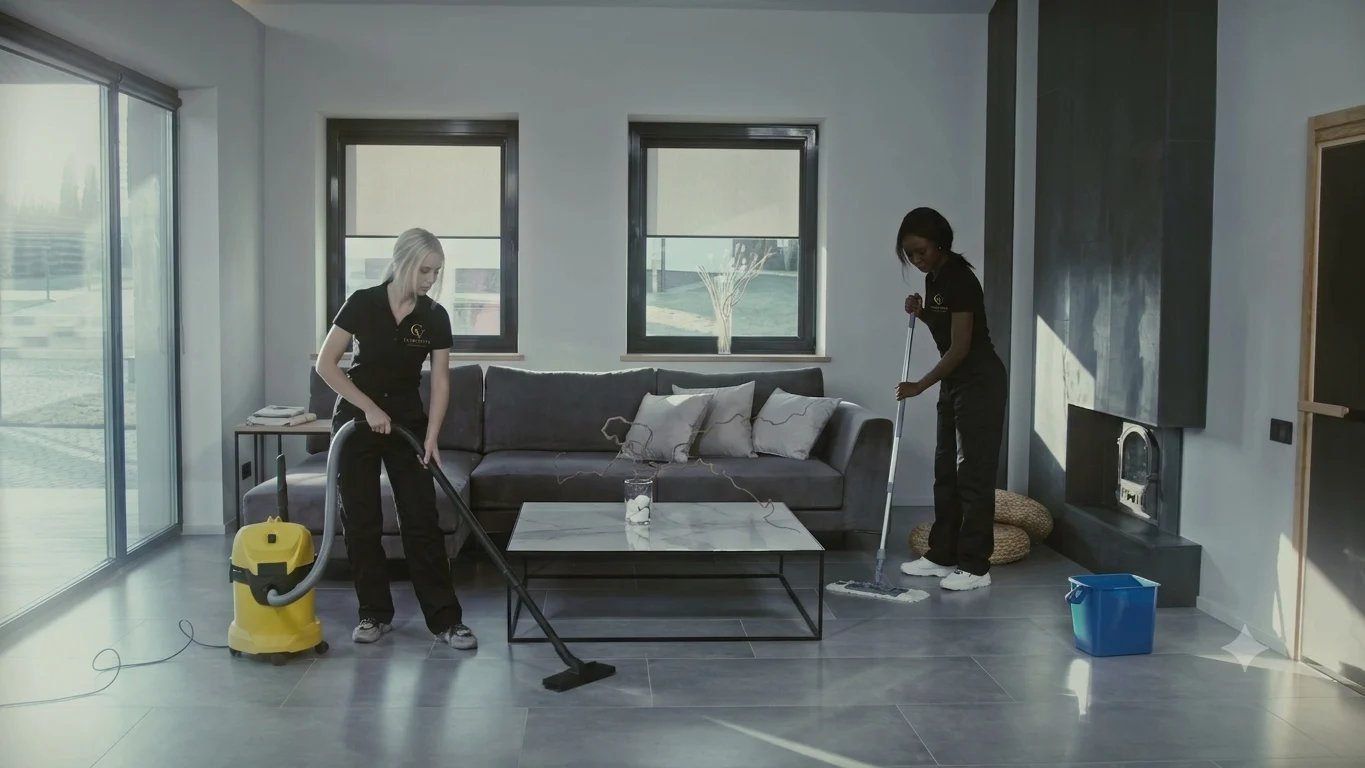 Two workers cleaning a modern living room with gray couch, using equipment including a yellow vacuum and cleaning supplies